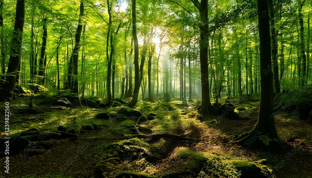 Fototapeta premium forest with sunlight filtering through the trees