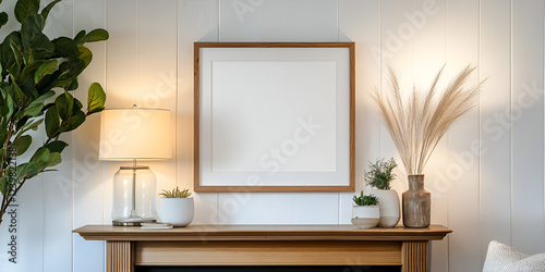 Blank Canvas Mockup: A square wood frame with a white mat rests on a modern fireplace mantle, ready to showcase your artwork.  The warm lighting illuminates the room.