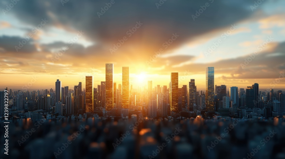 Fototapeta premium Futuristic cityscape featuring a stunning skyline of towering skyscrapers with shimmering glass and steel facades against a dramatic sky at sunset or sunrise