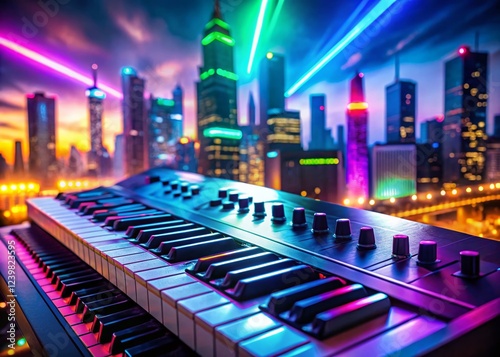 Neon-Lit Cityscape Backdrop for Synthesizer Keyboard photo