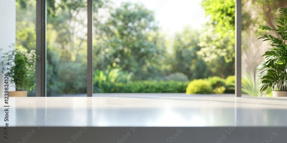 Fototapeta premium Serene Indoor View: Modern Minimalist Room with Lush Greenery