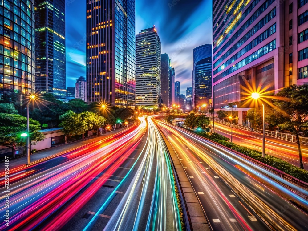 Fototapeta premium Night City Lights Long Exposure Blurred Traffic Streaks Abstract Urban Photography