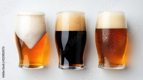 Three glasses of beer with varying colors and foam levels.