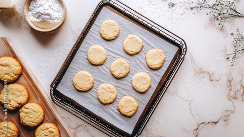 Baked butter cookies cooling on rack, kitchen countertop, baking ingredients photo