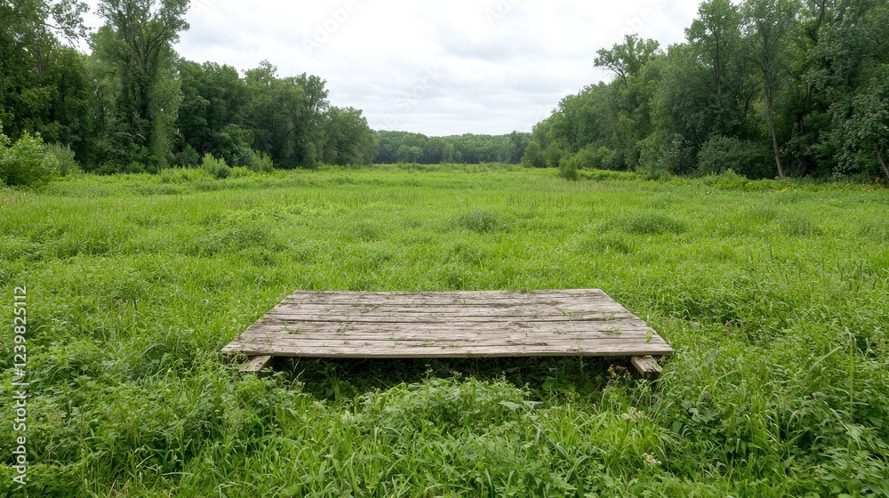 Rustic wooden platform in grassy field, forest background. Nature scene, perfect for product placement