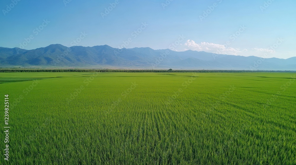 Lush green rice paddy field, aerial view, mountain backdrop, agricultural landscape Lush green rice paddy field, aerial view, mountain backdrop, agricultural landscape