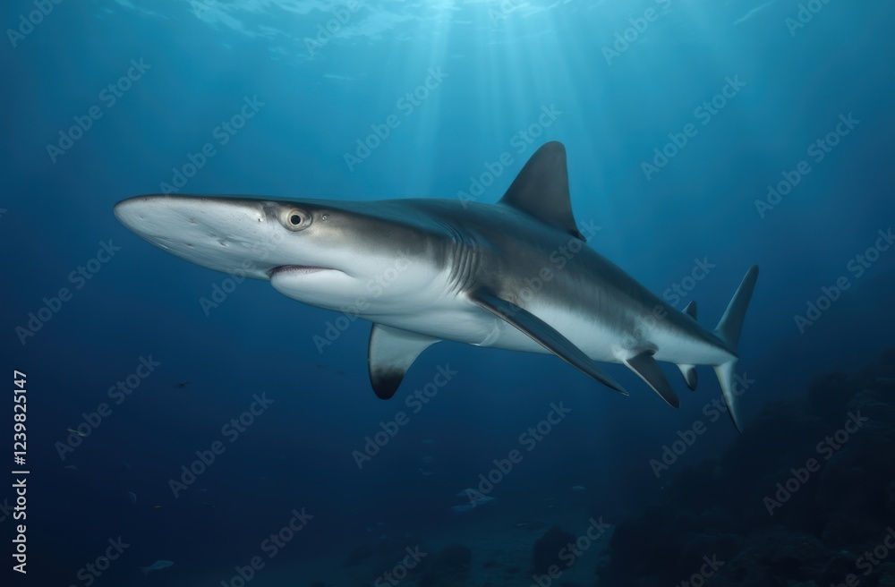 Ocean shark bottom view from below. Open toothy dangerous mouth with many teeth. Underwater blue sea waves clear water shark swims Ocean shark bottom view from below. Open toothy dangerous mouth with many teeth. Underwater blue sea waves clear water shark swims