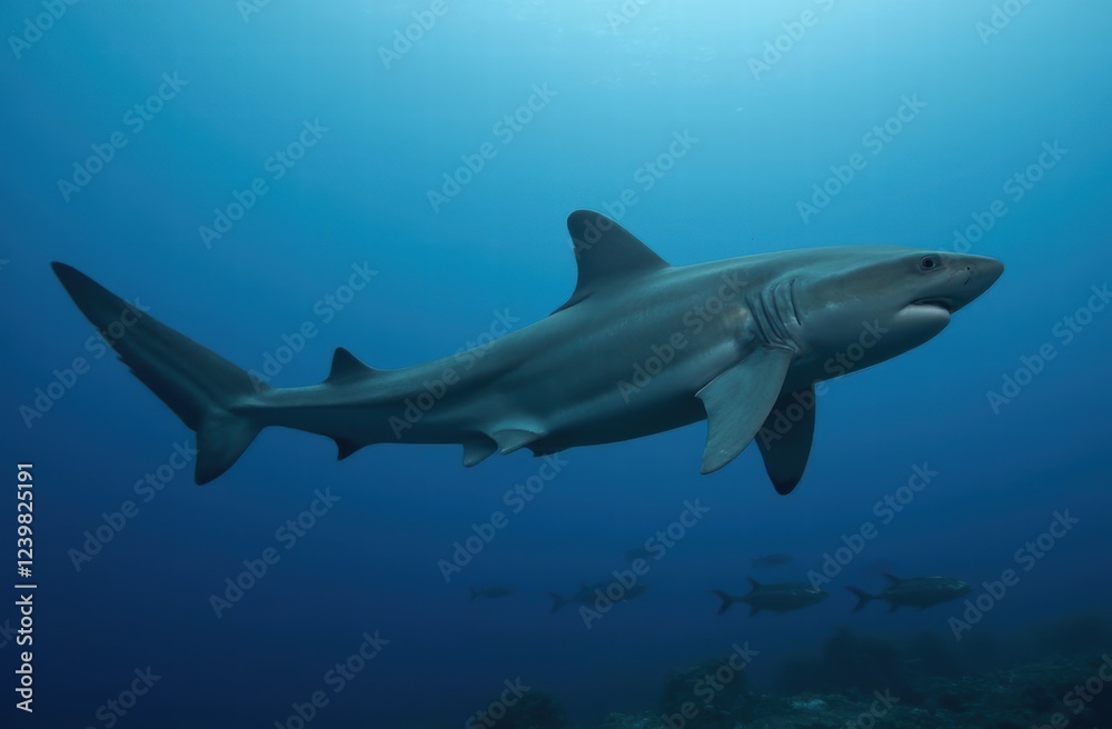 Ocean shark bottom view from below. Open toothy dangerous mouth with many teeth. Underwater blue sea waves clear water shark swims