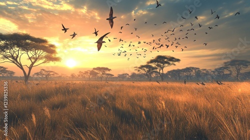 Sunset African savanna birds flying grassland wildlife