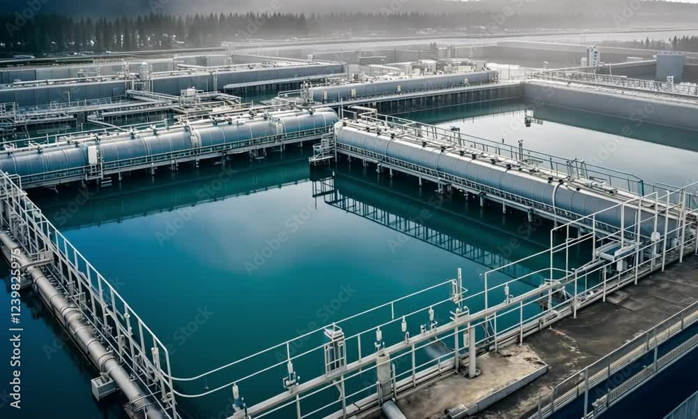 Aerial view of a modern water treatment plant with numerous basins and filtration systems. Aerial view of a modern water treatment plant with numerous basins and filtration systems.