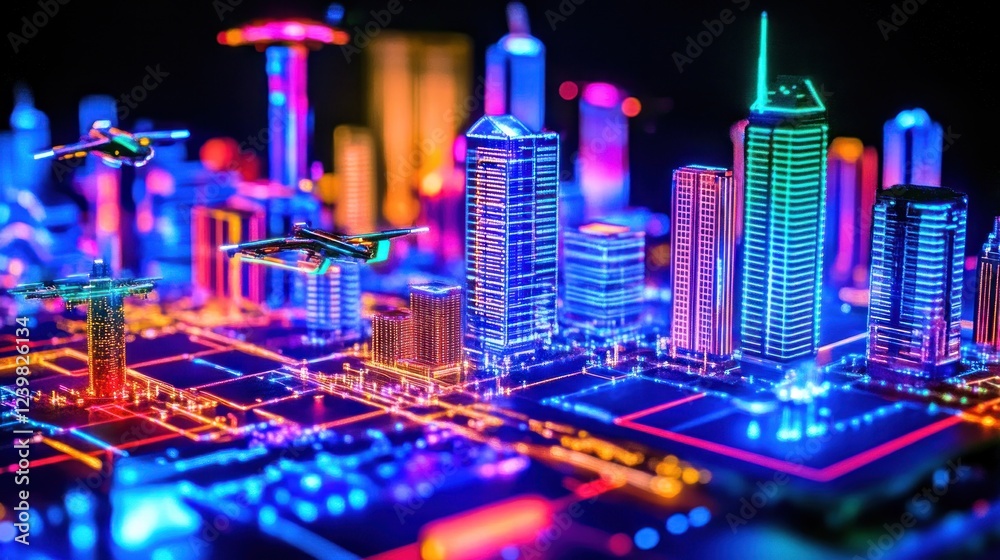 Neon cityscape model with flying vehicles, night, futuristic background, tech advert Neon cityscape model with flying vehicles, night, futuristic background, tech advert