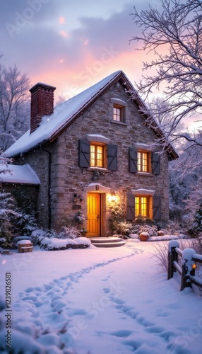 Cozy snow-covered stone cottage at sunset in winter wonderland