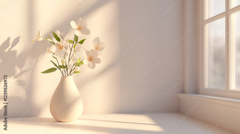 Sunlight and Serenity: A minimalist composition featuring a simple white vase with delicate white flowers, illuminated by soft sunlight streaming through a window. Sunlight and Serenity: A minimalist composition featuring a simple white vase with delicate white flowers, illuminated by soft sunlight streaming through a window.