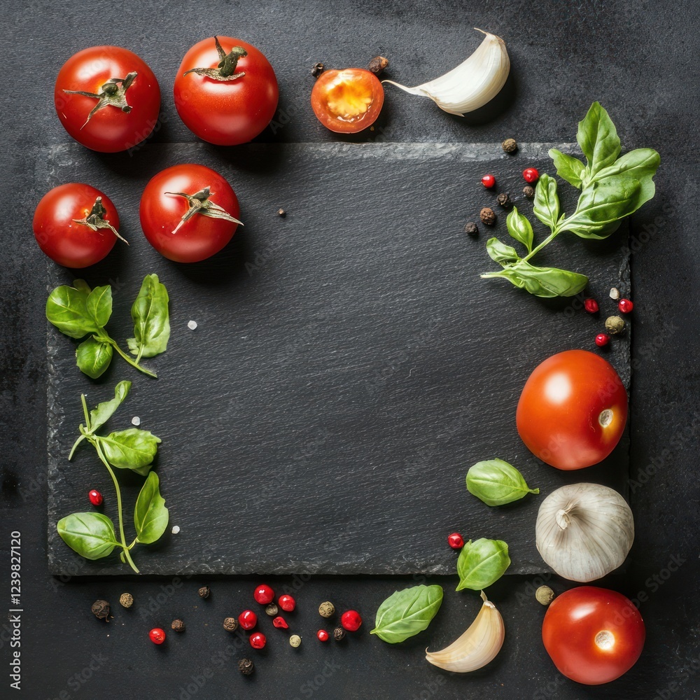 Slate board, tomatoes, basil, garlic, peppercorns; dark background; recipe template Slate board, tomatoes, basil, garlic, peppercorns; dark background; recipe template
