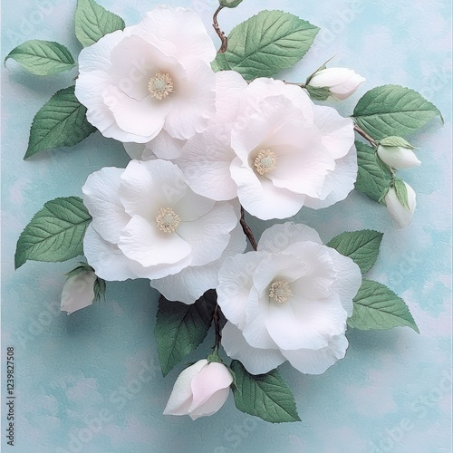 Elegant White Paper Flowers Bouquet  Soft Light Background  Floral Art  Craft  Spring Bloo photo