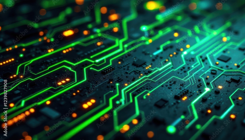 Close-up of glowing green circuit board with orange lights Close-up of glowing green circuit board with orange lights