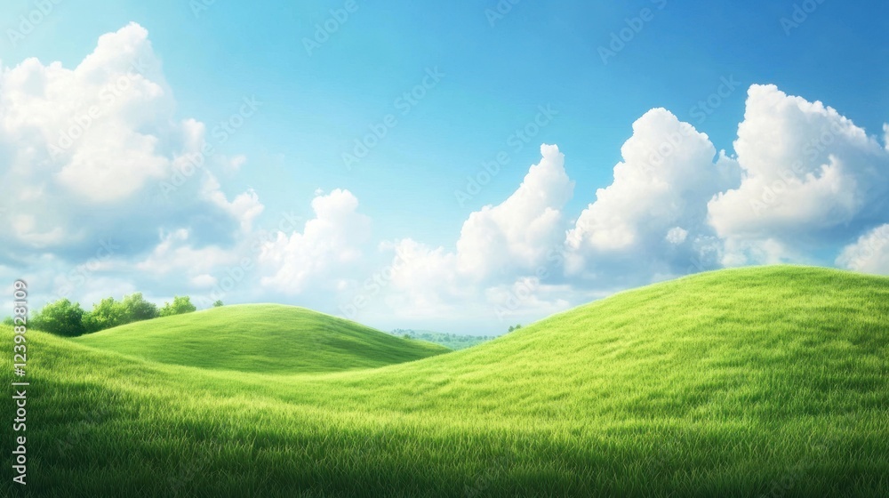 Naklejka premium Sunny day, rolling green hills, lush meadow, blue sky, clouds, idyllic landscape, nature, serenity, pastoral scene, website banner