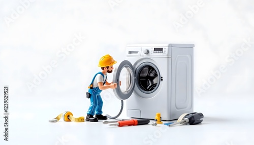 A miniature figure of a technician in a hard hat repairing a washing machine, surrounded by tools on a white background.