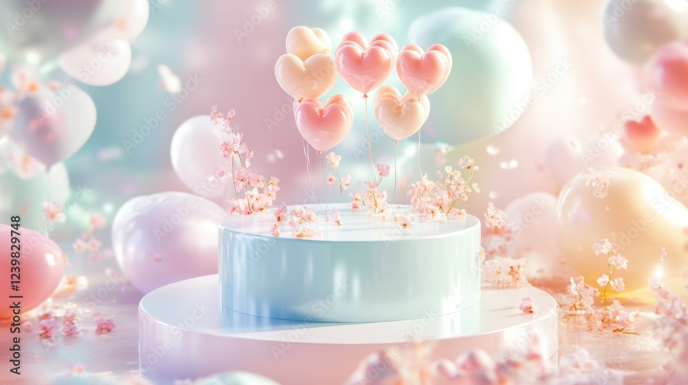 Pastel heart balloons float above spring flowers on a pedestal; dreamy background, perfect for Valentine's Day Pastel heart balloons float above spring flowers on a pedestal; dreamy background, perfect for Valentine's Day