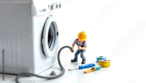 A miniature figure of a technician in a hard hat repairing a washing machine, surrounded by tools on a white background.