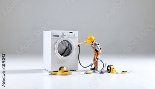 A miniature figure of a technician in a hard hat repairing a washing machine, surrounded by tools on a white background.