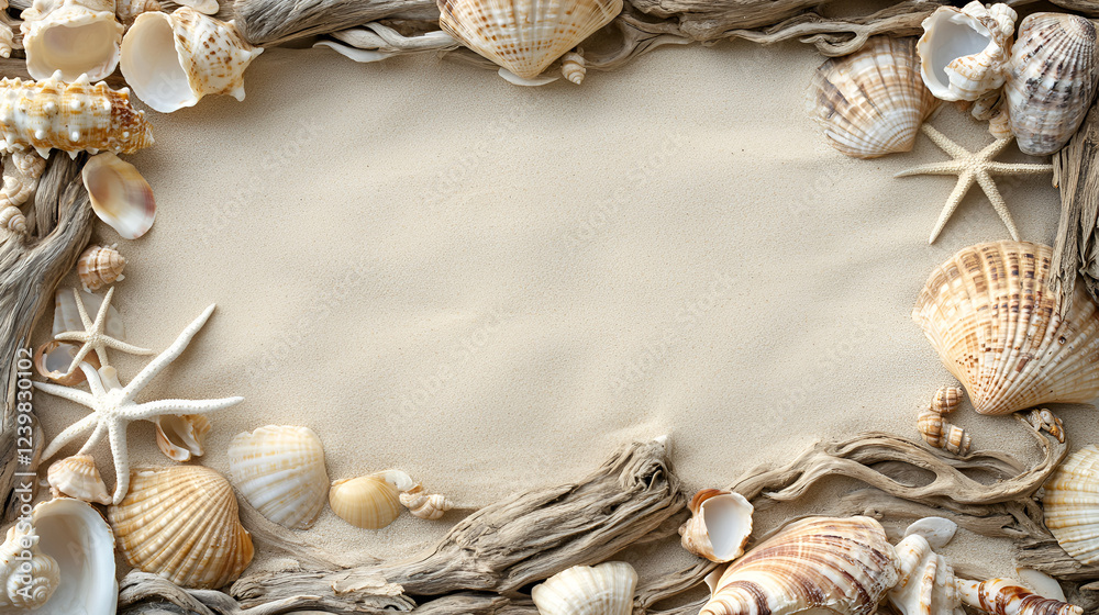 Obraz premium Seashell Frame: A rustic and elegant border crafted from driftwood and seashells, creating a perfect frame for your beach-themed designs.