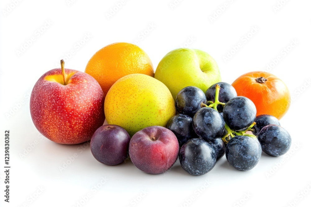 A mix of vegan-friendly fruits, isolated on white, with focus on their natural freshness A mix of vegan-friendly fruits, isolated on white, with focus on their natural freshness