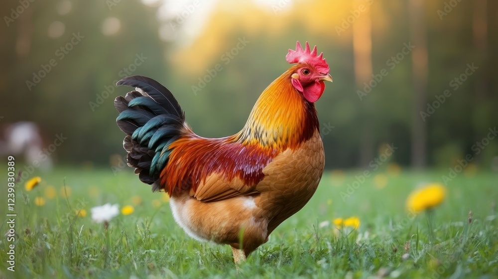 Fototapeta premium Rooster standing in grassy field, sunset background, farm animal