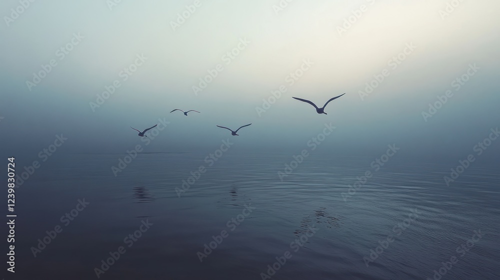 Fototapeta premium Birds flying over foggy sea at dawn; peaceful nature scene