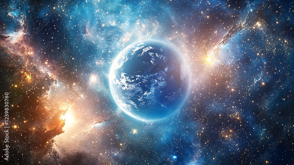 A Blue Planet Amidst a Starry Nebula A Blue Planet Amidst a Starry Nebula