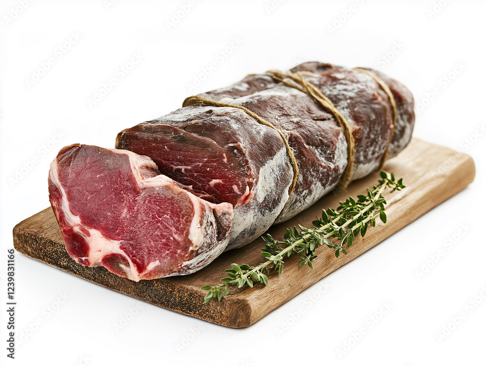 piece of raw meat with rosemary isolated on whiute piece of raw meat with rosemary isolated on whiute