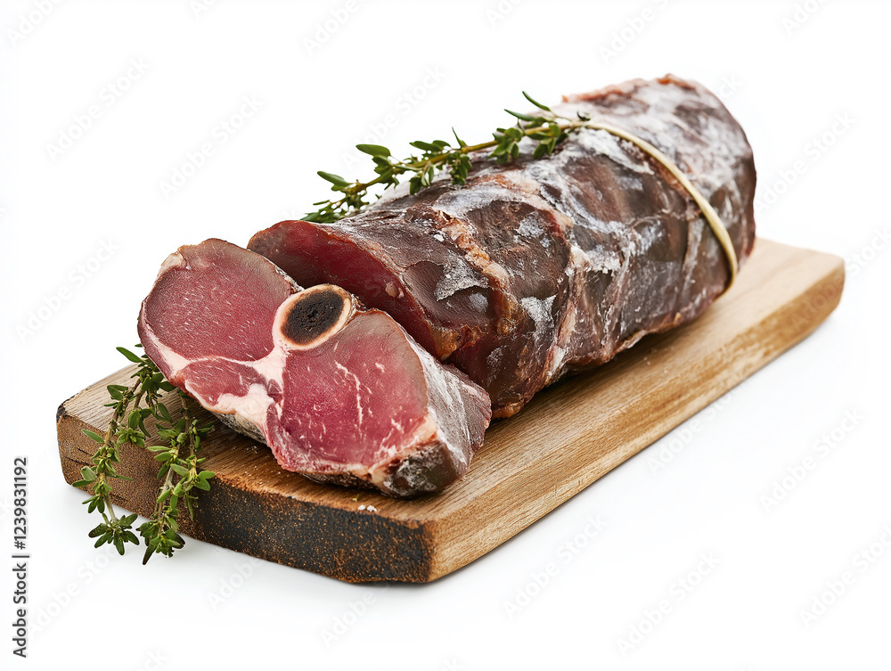 piece of raw meat with rosemary isolated on whiute piece of raw meat with rosemary isolated on whiute