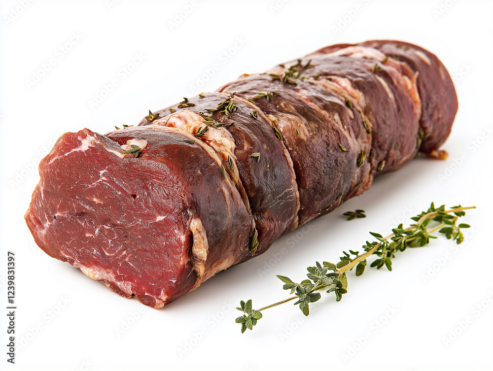 piece of raw meat with rosemary isolated on whiute piece of raw meat with rosemary isolated on whiute