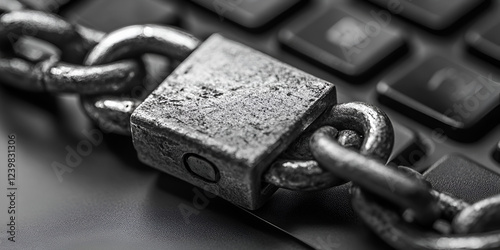 Padlock and Chain on Digital Keyboard, Cybersecurity and Online Protection