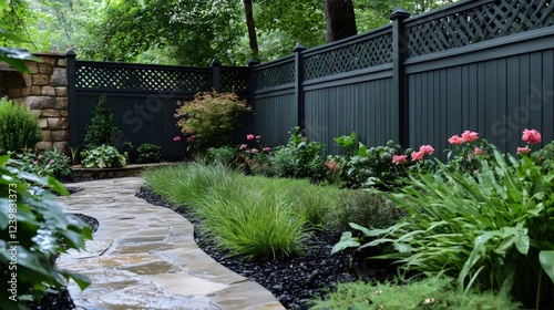 A garden with a black fence and a path