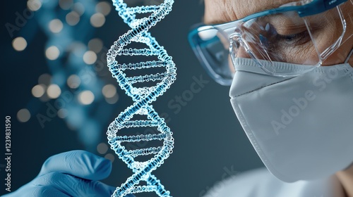 A scientist examines a DNA strand, highlighting genetic research and biotechnology.