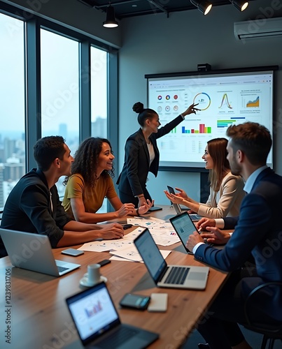 Business professionals in a modern conference room engaged in a strategy meeting, discussing financial reports and data analysis on a large presentation screen, teamwork in action

