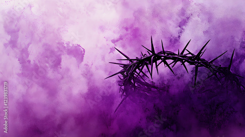 una corona de espinas de la religion catolica sobre un fondo morado con efecto acuarela con espacio de copia