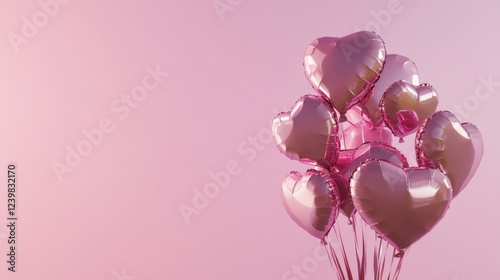 Valentine's Day Pink Heart-Shaped Mylar Balloons on minimalist solid Pink Background with copy space