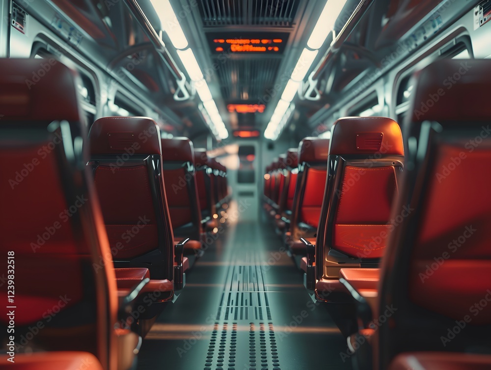 Fototapeta premium Interior View of Empty Train Car with Red Seats