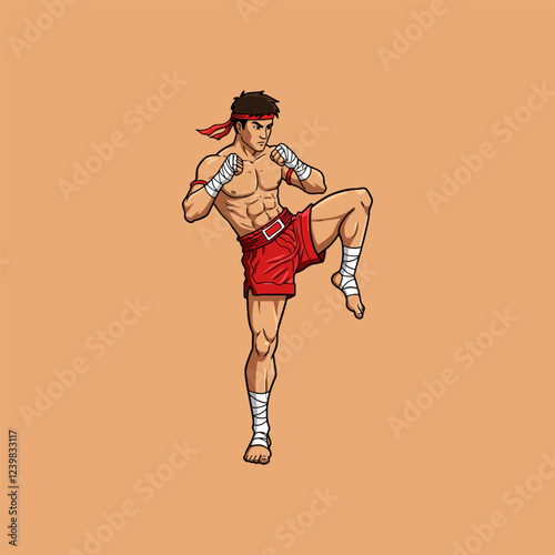 Powerful Muay Thai Fighter Striking Pose Illustration