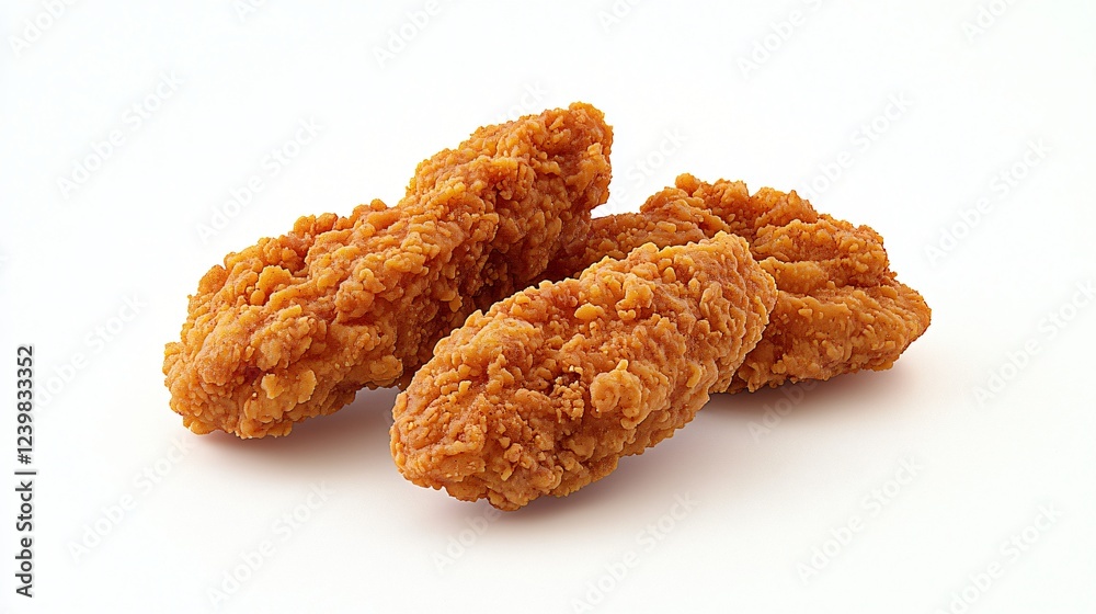 Golden Fried Chicken Pieces Crispy Battered Poultry Food on White Background Delicious Snack. Golden Fried Chicken Pieces Crispy Battered Poultry Food on White Background Delicious Snack.