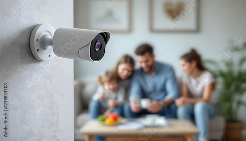 A home security camera focuses on a happy family sitting together, highlighting the importance of safety and family moments.