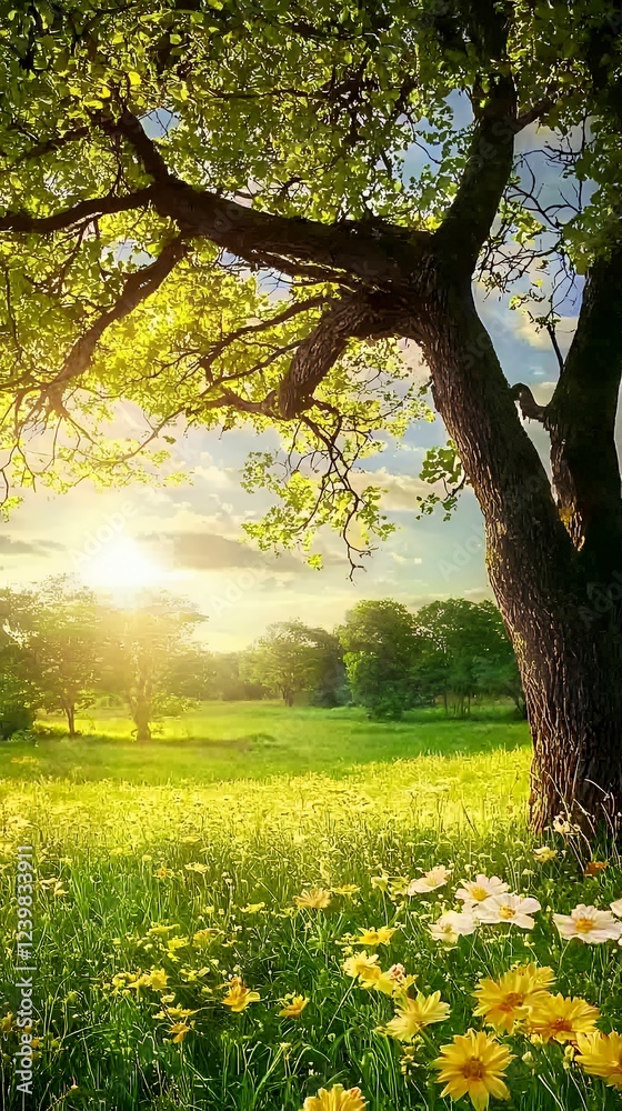 Sunlit Meadow Landscape: Serene Springtime Scene Sunlit Meadow Landscape: Serene Springtime Scene