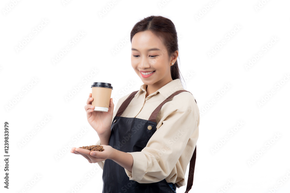 Portrait young asian barista woman wearing apron holding beans coffee and coffee cup isolated white background, waitress or entrepreneur cheerful, small business or startup, waiter of cafe. Portrait young asian barista woman wearing apron holding beans coffee and coffee cup isolated white background, waitress or entrepreneur cheerful, small business or startup, waiter of cafe.