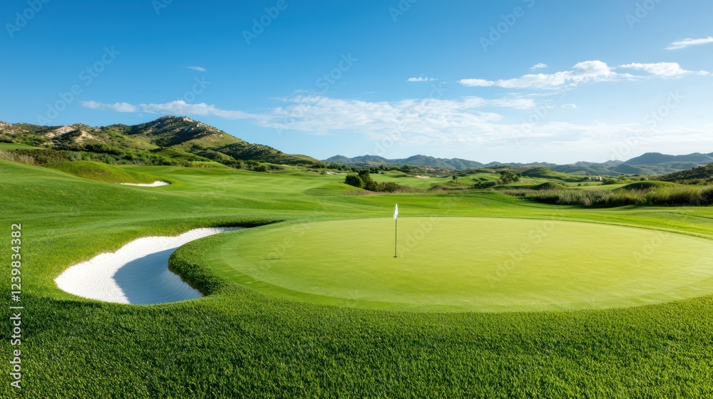 A serene golf course scene featuring a green, sand trap, and distant hills under a blue sky. A serene golf course scene featuring a green, sand trap, and distant hills under a blue sky.