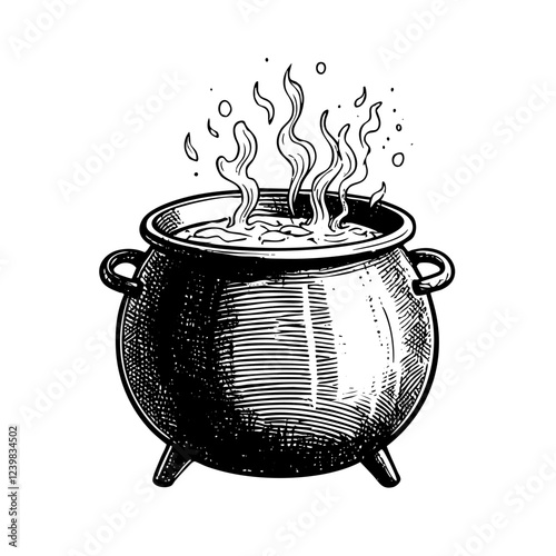 witch cauldron engraving sketch engraving black and white outline. Scratch board imitation.  illustrated in vintage line art style on a white background.
