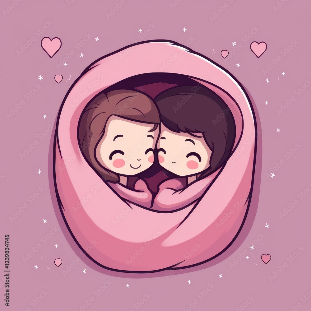 Two cartoon characters are hugging in a pink blanket Two cartoon characters are hugging in a pink blanket