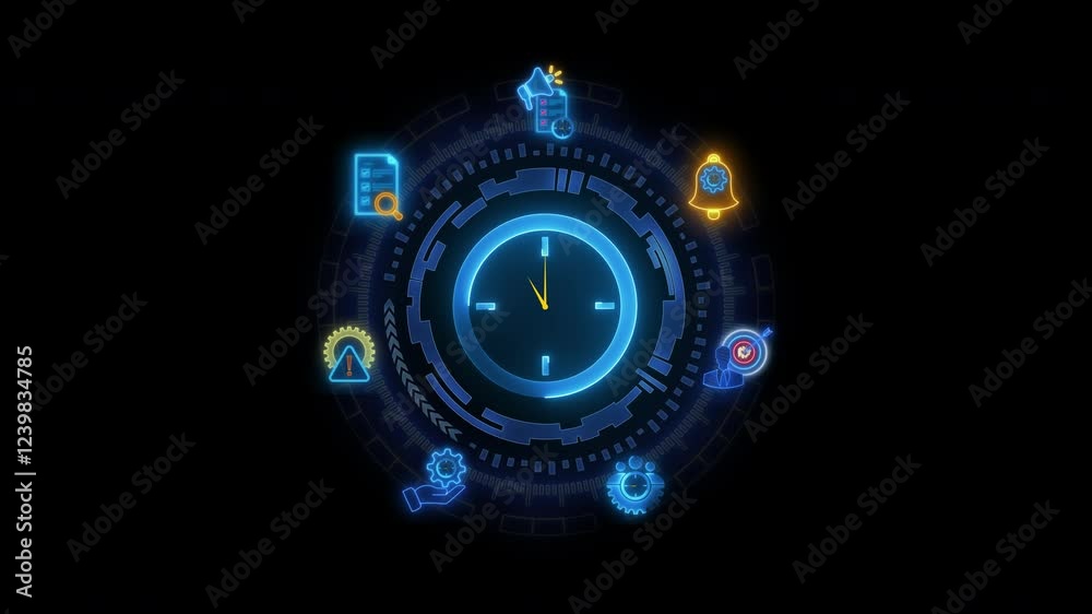 Glowing neon line of technology circle with TIME MANAGEMENT concept icons of priority, efficiency, reminder, alerts, control, objective and schedule isolated on transparent background.