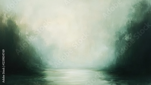 Serene Green Landscape Mist Shrouded Water